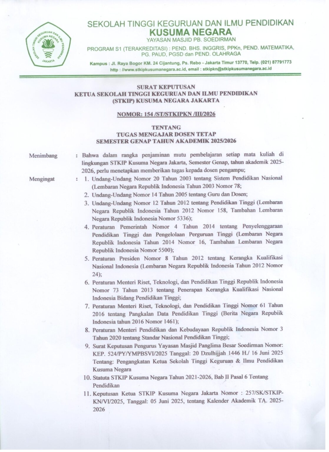 Jadwal Perkuliahan Semester Genap T.A. 2025/2026