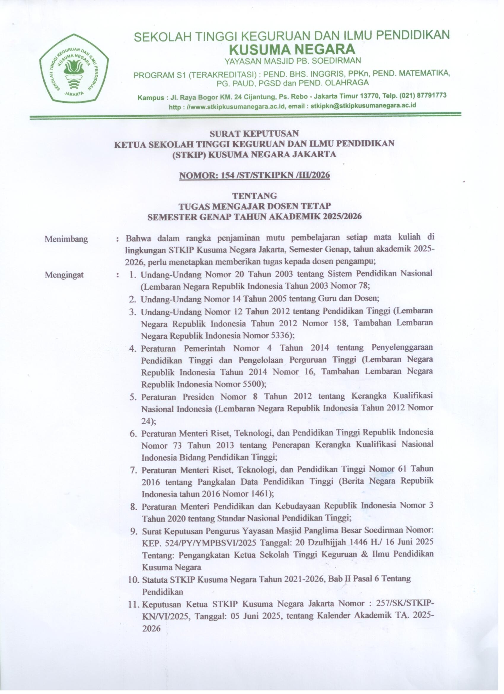 Jadwal Perkuliahan Semester Genap T.A. 2025/2026